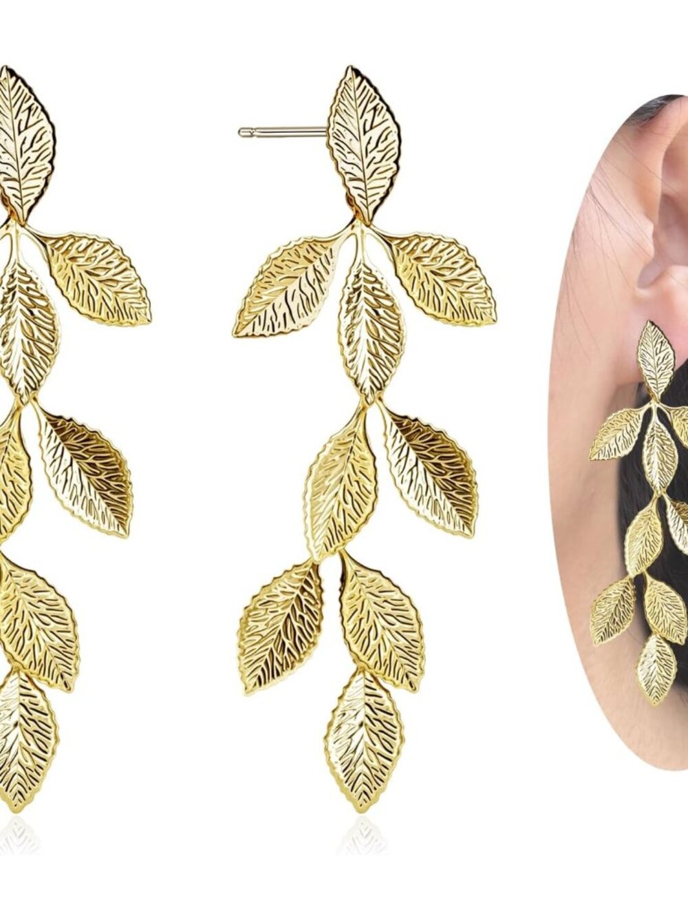 Gold Silver Rose Gold Plated Long Lightweight Leaf Dangle Earring